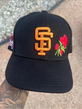 New Era Black San Francisco Giants Cap with Orange Logo and Red Rose Embroidery